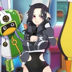 an anime character is talking on her cell phone and holding a stuffed animal in front of her