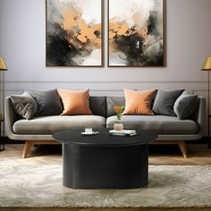 a living room with two paintings on the wall and a coffee table in front of it