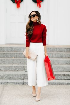 Outfit Vestido Rojo, White Christmas Outfit, Christmas Outfits Dressy, Red And White Outfits, Christmas Outfit Casual, Outfit Elegantes, White Pants Outfit, Cute Christmas Outfits, Christmas Day Outfit