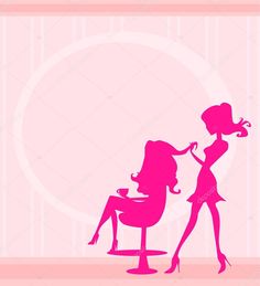 a silhouette of a woman getting her hair done in front of a pink background with an oval