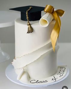 a graduation cake with a gold tassel and mortar cap on top, sitting on a white plate