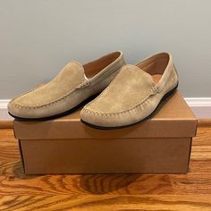 Nwt Austen Heller Crosby Loafer In Stone Suede, Size 11 Beige Slip-on Moccasins For Business Casual, Casual Almond Toe Suede Boat Shoes, Beige Slip-on Leather Shoes For Business Casual, Beige Almond Toe Moccasins For Business Casual, Spring Slip-on Leather Shoes With Suede Lining, Beige Casual Loafers With Suede Lining, Casual Beige Loafers With Suede Lining, Casual Beige Moc Toe Loafers, Casual Beige Plain Toe Moccasins