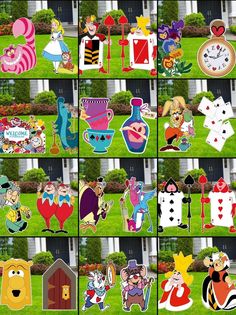 many different cartoon characters are shown on the grass