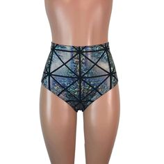 Our classic high waist hot pants with scrunch ruching detail in back to offer a "cheekier" look. These hot pants are made of stretchy silver holographic glass pane spandex and sit high on your natural waist. Wear as a bikini bathing suit bottom, panties, rave shorts, running shorts, etc. They have a built in liner and are made to be flattering to your figure. Fitted Shiny Metallic Bottoms, Fitted Metallic Shiny Bottoms, Metallic High Waist Fitted Bottoms, Metallic Stretch Swimwear For Club, Metallic Shiny Bottoms For Club, Fitted High Rise Metallic Bottoms, Metallic High Rise Fitted Bottoms, Fitted Disco Shorts For Club, Fitted High Rise Shorts For Party