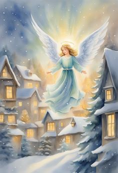 a painting of an angel flying over a snowy town with houses and trees in the background