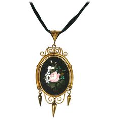 Large Victorian Pietra Dura Locket Pendant from the mid 19th Century set in 18K gold with higher karat gold bloom. Lovely scrolled frame mounting with Etruscan bale with twisted wire decoration. Removeable glass panel on back for photo. Wonderful choice of stones to produce shaded dimension within the intarsia design of the bouquet. Excellent condition. 1860's UK. 3.25" x 1.5". Dog Locket, Jewelry Locket, Diamond Locket, Micro Mosaic Jewelry, Gothic Pendant, Book Locket, Jewelry Pendants, Gold Cross Pendant, Victorian Gold