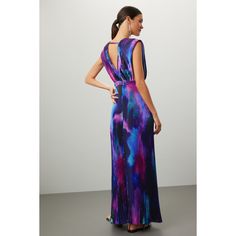 Blye tie-dye satin (100% High Grade Polyester). A-line. Sleeveless. V-neck. Back zipper closure. 55" from shoulder to hemline. Imported. Fitted Tie Dye V-neck Dress, Tie Dye Fitted V-neck Dress, Tie-dye Fitted V-neck Dress, Gala Gown, Rent The Runway, Satin Gown, Fabulous Dresses, Closet Designs, Tie Dye Print