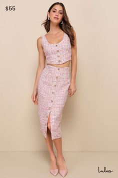 Get ready to set trends wherever you go in the Lulus Charming Icon Pink Tweed Lurex Button-Front Midi Skirt! Woven tweed fabric boasts sparkling, multicolored Lurex as it shapes a high waist and a pencil-style skirt. Button placket boasts half-and-half design, with decorative buttons at the top and a flirty unbuttoned effect at the hem. Hidden zipper/clasp at back. Pair with the matching top for a complete look! Fit: This garment fits true to size. Length: Mid-calf length. Size medium measures 29.25" from waist to hem. Waist: Fitted - very fitted at natural waist. Hip: Fitted - consider sizing up for fuller hips. Fabric: Fabric has no stretch. Lined. Shell: 100% Polyester. Lining: 97% Polyester, 3% Spandex. Hand Wash Cold. Do Not Bleach. Line Dry. Iron Low Heat. Imported. Lulus | Charming Chic Tweed Skirt With Button Closure, Fitted Tweed Skirt With Buttons, Summer Tweed Dress With Buttons, Spring Party Tweed Skirt, Tweed Skirt With Button Closure For Workwear, Spring Tweed Pencil Skirt, Tweed Midi Skirt, Tweed Set, Casual Formal Dresses