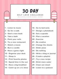 Join the 30 Day Self Care Challenge! Care for yourself and have fun - all at the same time! Besides, it's all the things you're wanting to do, anyway. 30 Day Self Love Challenge, Self Love Challenge, Happiness Challenge, Fitness Style, Health Challenge