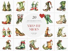 20 watercolor christmas shoes with the words xmas elfs written in red and green