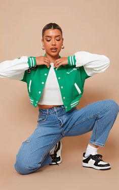 Women's Cropped Varsity Bomber Leather Jacket In Green Varsity Jacket Outfit, Leather Shorts Women, Short Leather Skirts, Leather Jumpsuit, Studded Jacket, Distressed Jacket, Cropped Leather Jacket, Leather Shirt, Brown Jacket