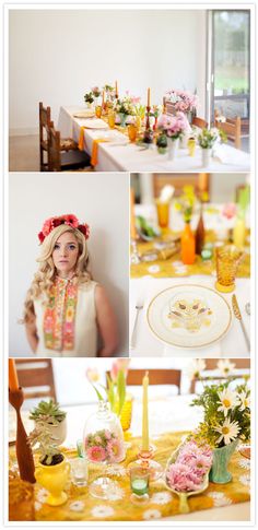 the table is set with oranges, flowers and silverware for an elegant dinner