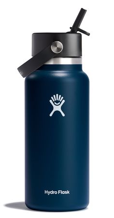 the hydro flask water bottle is blue and has a black lid