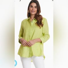 1c We Designed This Linen Tunic With All The Features You Want In A Button-Up. A Feminine Shape And Flattering Longer Length That Works For Everyone. This Tunic Pairs Easily With Everything From Your Favorite Jeans, Leggings Or Shorts! Three-Quarter Sleeves Button-Down Collared 100% Linen Versatile Spring Tops With Buttons, Green Tops With Button Cuffs For Spring, Classic Green Tops For Daywear, Classic Green Top For Daywear, Green Top With Button Cuffs For Daywear, Green Collared Top For Daywear, Green Linen Tops For Day Out, Green Summer Tops With Button Cuffs, Green Linen Tops For Daywear