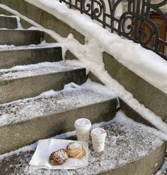 two donuts are sitting on the steps in front of some stairs covered with snow