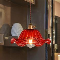 Industrial Scalloped Pendant Light - 1 Red Glass 8’/10’/12’ Wide Hanging Lamp For Living Room / 8’ Glass Hanging Lamp, Living Room Pendant Light, Light Fixtures Bedroom Ceiling, Living Room Red, Lamp For Living Room, Red Pendants, Hanging Fixture, Industrial Pendant Lights, Wood Shades