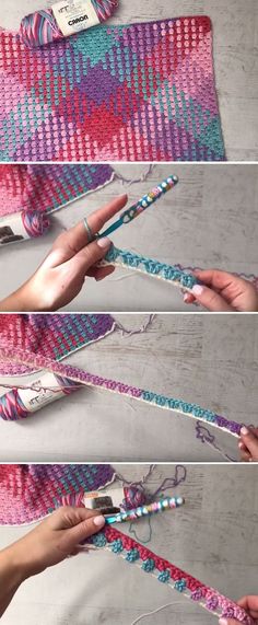 three photos showing how to crochet the ends of a knitted bag with yarn