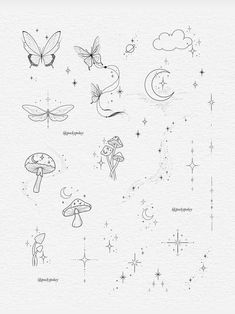 minimalbutterflymushroomtattoo Fine Line Arm Sleeve Tattoo, Maximalist Tattoo Ideas, Minimal Chest Tattoo Female, Dainty Tattoos Back, Small Tattoo Inspo Women, Minimal Tattoo Women, Space Patchwork Tattoo, Dainty Mushroom Tattoo, Flash Art Tattoos For Women