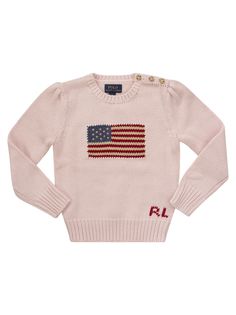 With the historic American flag inlaid, this combed cotton sweater is a mini version of a Ralph Lauren icon. - Crew neck - Long sleeves with ribbed cuffs - Historic American flag and 'RL' monogram in intarsia knit on front - Embroidered stars - Ribbed knit hem DESIGNER ID: 312668609 003Composition: 100% Cotton Rl Logo, Designer Buttons, Usa Girl, Sweater With Buttons, Ralph Lauren Baby Girl, Embroidered Stars, Usa Girls, Ralph Lauren Logo, Stockholm Fashion