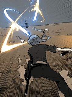 a drawing of a man holding a light saber in his right hand and another person standing on the ground behind him