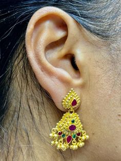 22 Karat Gold Drop Earrings with Ruby & Emeralds  - 235-GER14051 - in 9.300 Grams for USD $1,047.73 USD. 
Made in India by Totaram Jewelers Online this product is in Gold - 22 Karat BIS Hallmark 916 Gold  & is an excellent gift for Adult - Women. Ships fully insured with secured guaranteed delivery for free with your order over $250 from New Jersey USA & comes with 30 days exchange policy. Traditional 22k Gold Earrings With 17 Jewels, Gold Ruby Earrings With 17 Jewels, Temple Jewelry Style Ruby Earrings In Yellow Gold, Yellow Gold Ruby Temple Jewelry Earrings, Festive Gold-plated Earrings With 17 Jewels, 22k Gold Temple Drop Earrings, Gold Ruby Temple Jewelry Earrings, Ruby Yellow Gold Earrings For Celebration, Gold Ruby Earrings Hand Set