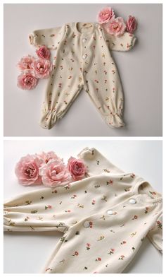 two pictures of baby clothes with pink flowers on the top and bottom, one in white