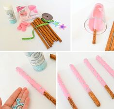 the process of making candy sticks is being made with pink and blue beads, star shaped stick