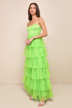 Lime Green Tulle Dress - Tiered Maxi Dress - Bustier Maxi Dress - Lulus Glamorous Overbust Dresses For Gala, Fitted Tulle Cocktail Gown, Fitted Tulle Evening Gown, Fitted Tulle Gown For Evening, Overbust Gown For Prom Season Party, Overbust Evening Dress For Prom Season, Evening Tulle Gown With Fitted Design, Cocktail Tulle Gown Fitted, Overbust Gown For Prom Season