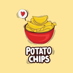 potato chips in a red bowl with the word potato chips above it on a yellow background