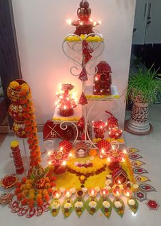 an assortment of decorative items displayed on a table