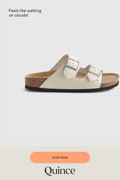 The next best thing to walking on clouds, our Nappa Leather Double Buckle Slide are crafted with supple full-grain leather and feature an ultra-cushiony yet supportive footbed designed to hug the soles of your feet. And with a lightweight cork and EVA bottom, you’ll feel light as air with each step.  | Quince | Women's Nappa Leather Double Buckle Slide in White, Size 5 White Leather Sandals For Outdoor, Leather Footbed Sandals With Textured Footbed For Outdoor, Leather Footbed Sandals For Outdoor With Textured Footbed, Outdoor Leather Footbed Sandals With Textured Footbed, Leather Footbed Sandals With Cushioned Sole For Everyday, Leather Footbed Sandals With Cushioned Insole For Everyday, Everyday Leather Cushioned Footbed Sandals, Leather Cushioned Footbed Sandals For Everyday, Leather Sandals With Textured Footbed For Walking