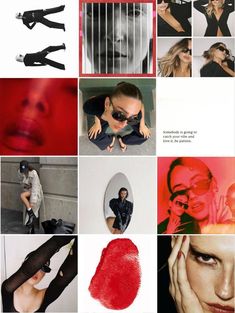 a collage of photos with red lipstick and black clothes, including one woman's face