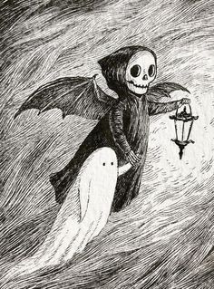 a drawing of a skeleton flying through the air with a light bulb in its hand