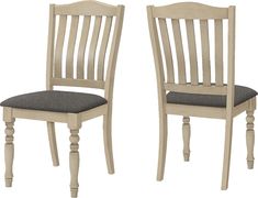 two wooden chairs side by side with gray cushions