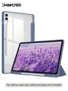 an ipad case with lavender flowers on it and the text tip sold as only tablet and stylus not included