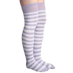 Lilac And White Striped Thigh High Socks. Made In Usa Size: Women's 7-11 Material: 80% Cotton, 20% Nylon & Elastic Length: 32” - 34” Before Stretched White Fitted Over The Knee Socks, White Thigh High Hosiery, Fitted White Over-the-knee Socks, White Fitted Over-the-knee Socks, White Knee-high Hosiery For Spring, White Stretch Over-the-knee Socks, Casual White Over-the-knee Stockings, White Stretch Over The Knee Tights, White Stretch Over-the-knee Tights