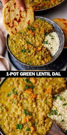 two pictures showing different types of food in pans with rice and pita bread