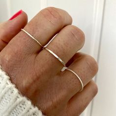 Dainty Sterling silver stacking rings in a choice of finishes. Beautiful minimalist/boho style rings, to simply wear alone, or stack together or with your other rings.Hammer | Hammered StyleSparkle | Etched Sparkly StyleTwist | Twisted Rope StyleEach looks just as pretty alone, as they do stacked or paired up with other rings across your hands. Gorgeous rings you’ll love to wear or love to give.Purchase one or add multiple styles to your basket, could even mix it up with our 14k gold filled stac Minimalist Rings Silver, Silver Jewelry Minimalist, Silver Minimalist Jewelry, Minimalist Rings Stacking, Silver Stacked Rings, Slim Rings, Minimalist Jewelry Silver, Rings Dainty, Slim Ring