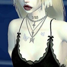 an animated image of a woman with blonde hair and piercings on her chest, wearing a bra