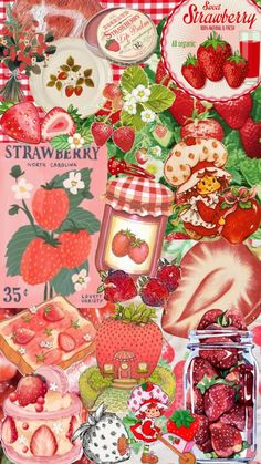 a collage of strawberries, strawberrys and other food items on a checkered tablecloth