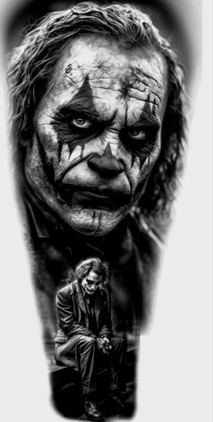 the joker and his son are depicted in this black and white tattoo art piece, which depicts