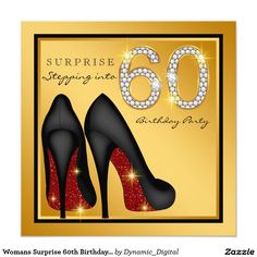 a 50th birthday party with high heel shoes and sparkles on the bottom, in gold