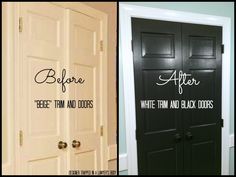 before and after photos of painted black doors with white trim, the door is open