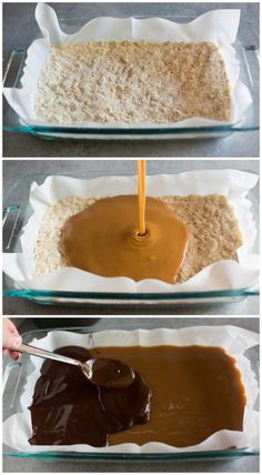 three pictures showing how to make chocolate caramel sauce in glass baking dishes with spoons