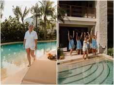 two pictures side by side, one with women in blue dresses and the other has her hands up