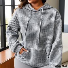 Olivia Mark - Womens Plus Size Casual Sweatshirt: Solid Waffle Knit Long Sleeve Drawstring Hoodie with Spacious Pocket Hoodie Coat Woman, Graphic Print Sweatshirt, Matching Sweatshirts, Pocket Hoodie, Hoodie Coat, Plus Size Kleidung, Block Design, Short En Jean, Casual Clothing