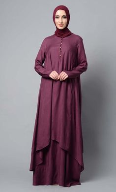 Asymmetrical double layered modest wear muslimah abaya dress - EastEssence.com Muslimah Abaya, Flared Top, Turban Hijab, Flare Top, Layered Dress, Abaya Dress, Modest Wear, Embroidered Jacket, Rayon Fabric