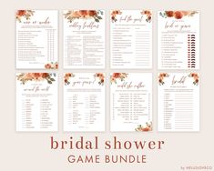 the bridal shower game bundle is shown with flowers and leaves on it, including games for