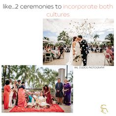 the wedding party is taking place in front of some palm trees and confetti being thrown into the air