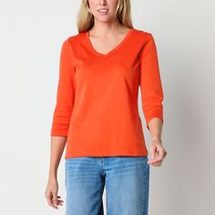 Upgrade your basics with this St. John's Bay women's 3/4 sleeve t-shirt to wear with jeans, pants or skirts. It's made from 100% cotton for a regular-fit with a classic v-neckline.Features: EssentialsClosure Type: Pullover HeadFit: Regular FitNeckline: V NeckSleeve Length: 3/4 SleeveApparel Length: 26 Inches - FrontFiber Content: 100% CottonFabric Description: Rib KnitCare: Tumble Dry, Machine WashMaterial: CottonCountry of Origin: Imported Casual 3/4 Sleeve T-shirt For Fall, Cotton Tops With 3/4 Sleeves, Fall Cotton T-shirt With 3/4 Sleeve, Cotton T-shirt With 3/4 Sleeve For Fall, Fall Relaxed Fit T-shirt With 3/4 Sleeves, Basic 3/4 Sleeve Cotton Top, Basic Cotton Top With 3/4 Sleeves, Basic Cotton Tops With 3/4 Sleeves, Stretch Cotton Tops With 3/4 Sleeves